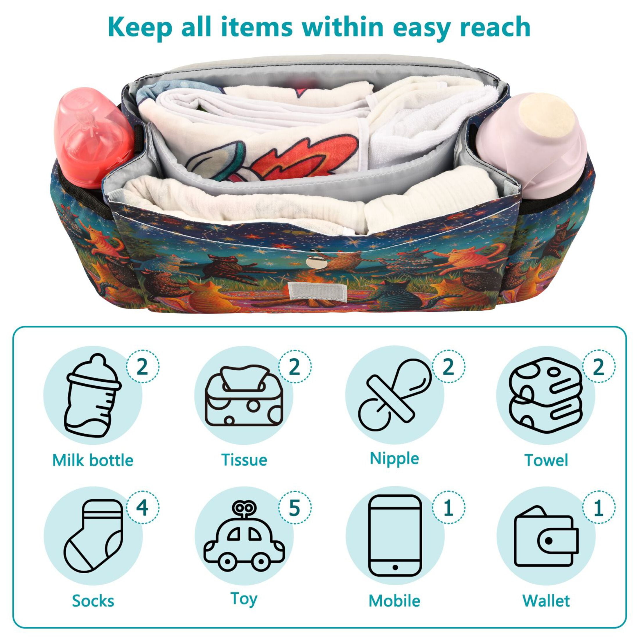 DIXRUYEE Stroller Organizer Starry Cat Gathering Around The Fire Printed