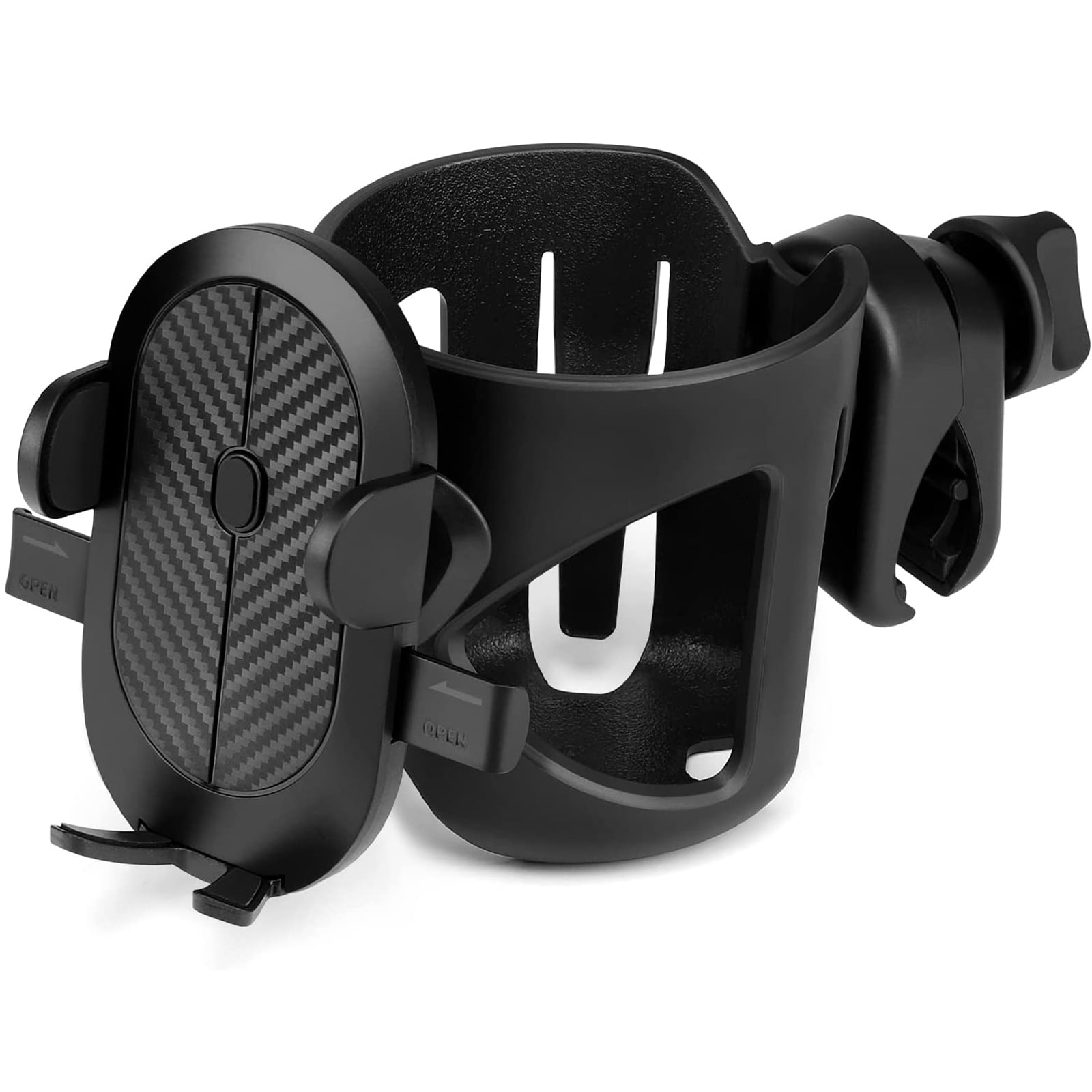 Husfou Universal Cup Holder with Phone Holder Mount, 2 in 1 Stroller Cup Holder, Large Caliber Designed Cup Drink Holder for Stroller, Bike, Wheelchair, Walker