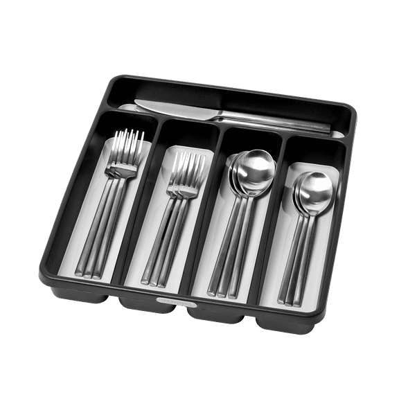madesmart Silverware Tray, 5 Compartment Flatware Organizer for Forks, Knives & Spoons, Non Slip, Soft Grip Lining, Durable Drawer Organizer, Carbon