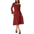 thumbnail image 2 of INSPIRE CHIC Women's Knit Midi Dress A-Line Square Neck Long Sleeve Dresses L Red, 2 of 6