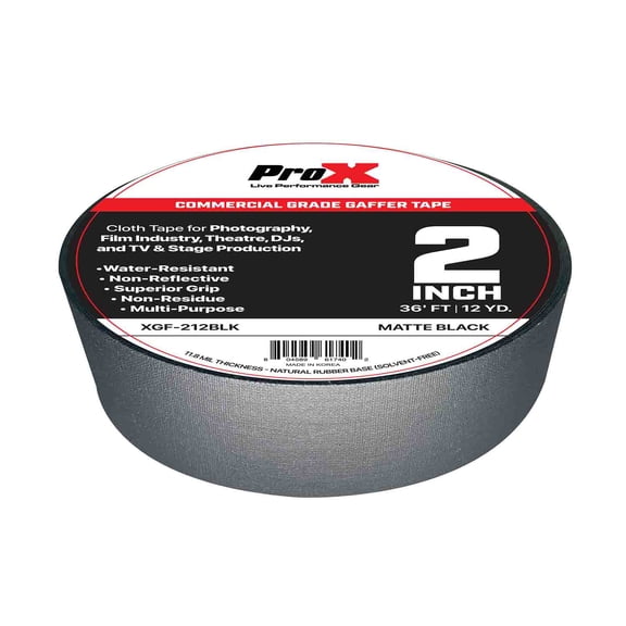 ProX XGF-212BLK, 2 Inch 12YD Matte Black Commercial Grade Gaffer Tape Pros Choice Non-Residue - 36FT