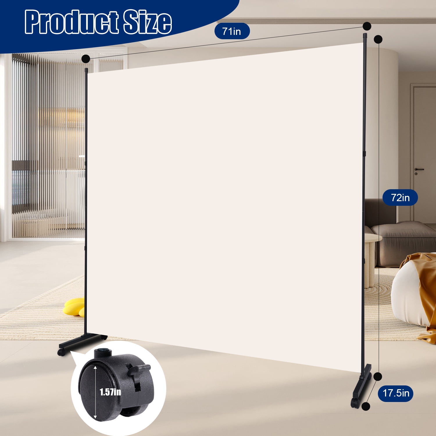 Room Divider Single Fabric Panel Privacy Screen W/Wheel, 71''X 72''Wide Portable Wall Divider for Room Separation, Upgrade Room Divider Screen 6 FT Partation Room Dividers for Home, Office, School