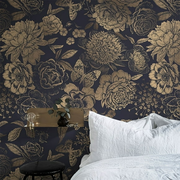 1pc Golden Floral Self-Adhesive Removable Wallpaper - 17.7in*118in Decorative Sticker for Easy Living Room, Bedroom Wall Furniture Renovation with Black Background, DIY Friendly, No Mess, No Damage