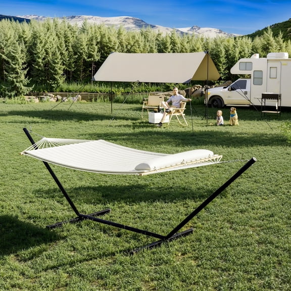 Fabric Hammock with Spreader Bars and Free Pillow Fits for Two Persons, All Weather and Fade Resistant for Patio Yard, 450 LBS Weight Capacity, Double Hammock with Reinforced Steel Frame