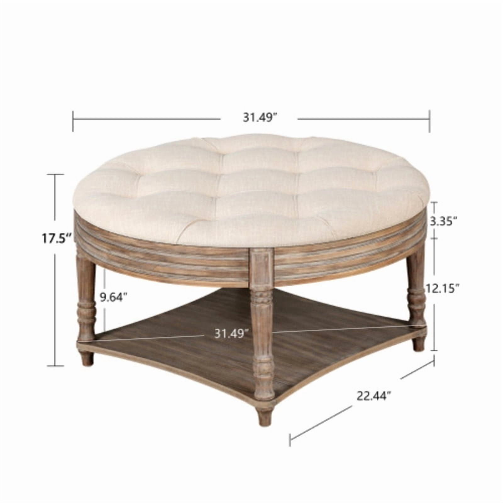 Round Storage Ottoman Coffee Table with Wooden Shelf, Oversized Tufted Upholstered Ottoman with Hidden Storage, Waterproof Linen Footrest for Living Room,Beige