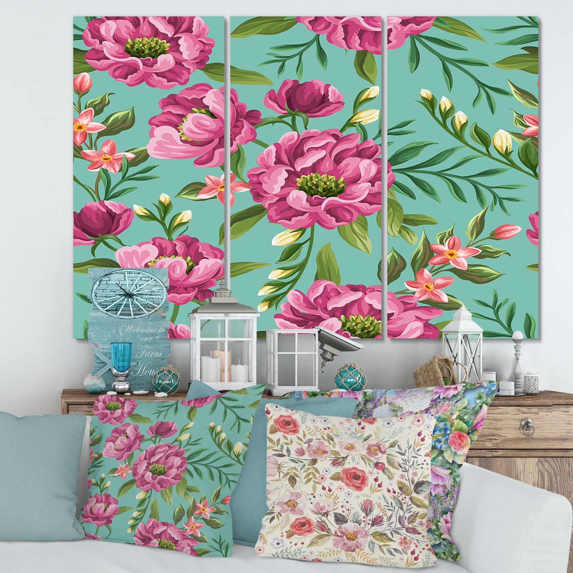 Fuchia Pink Flowers On Green VIntage 28 in x 36 in Painting Canvas Art Print, by Designart