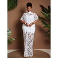 thumbnail image 3 of Plus Size White Floral Lace Sheer Turn-Down Collar Loose Vacation Dress, 3 of 7