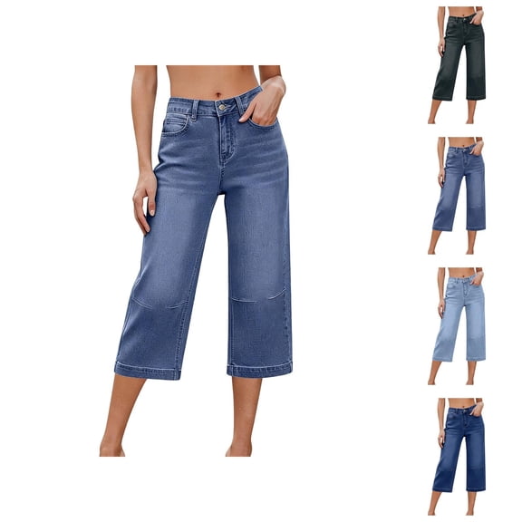 Capri Jeans for Women Elastic High Waist Relaxed Fit Washed Blue Wide Straight Leg Denim Capris with Pockets Cropped Jeans