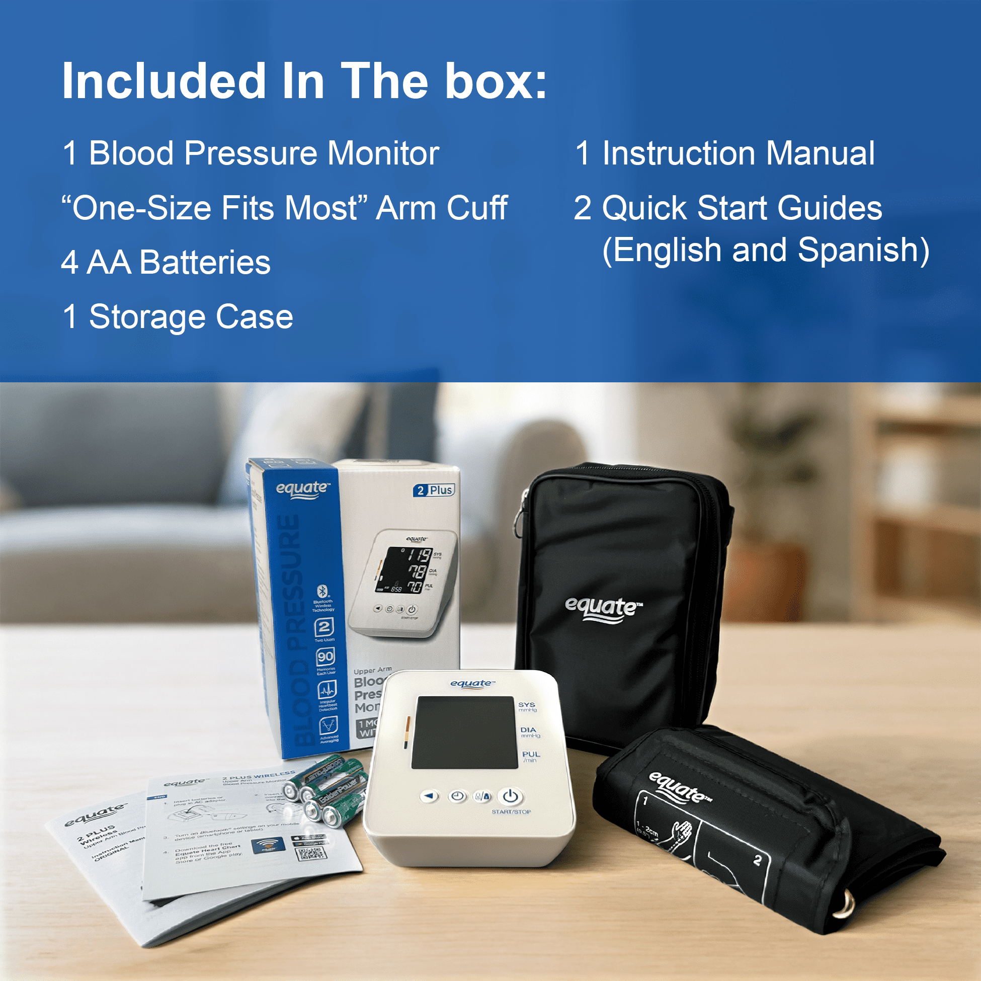 Equate 2 Plus Automatic Digital Wireless Blood Pressure Monitor for Home Use, Multiuser, Upper Arm Cuff - UA-6010BLEWM