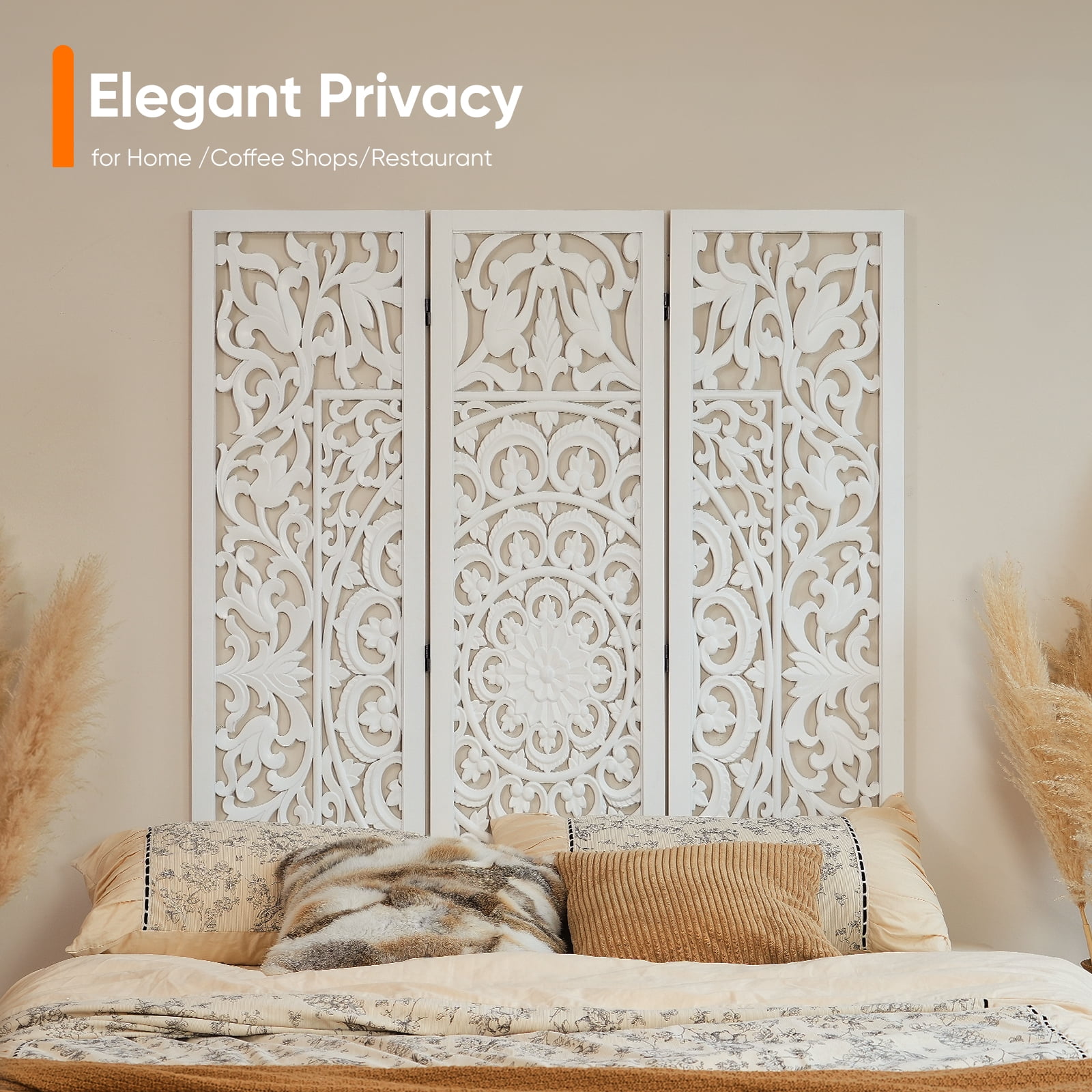 Jostyle 3 Panel Solid Wood Room Divider Privacy Screen - Freestanding Folding Partition with Openwork Design, Paulownia Wood Frame White, No Assembly for Living Room, Bedroom, Office