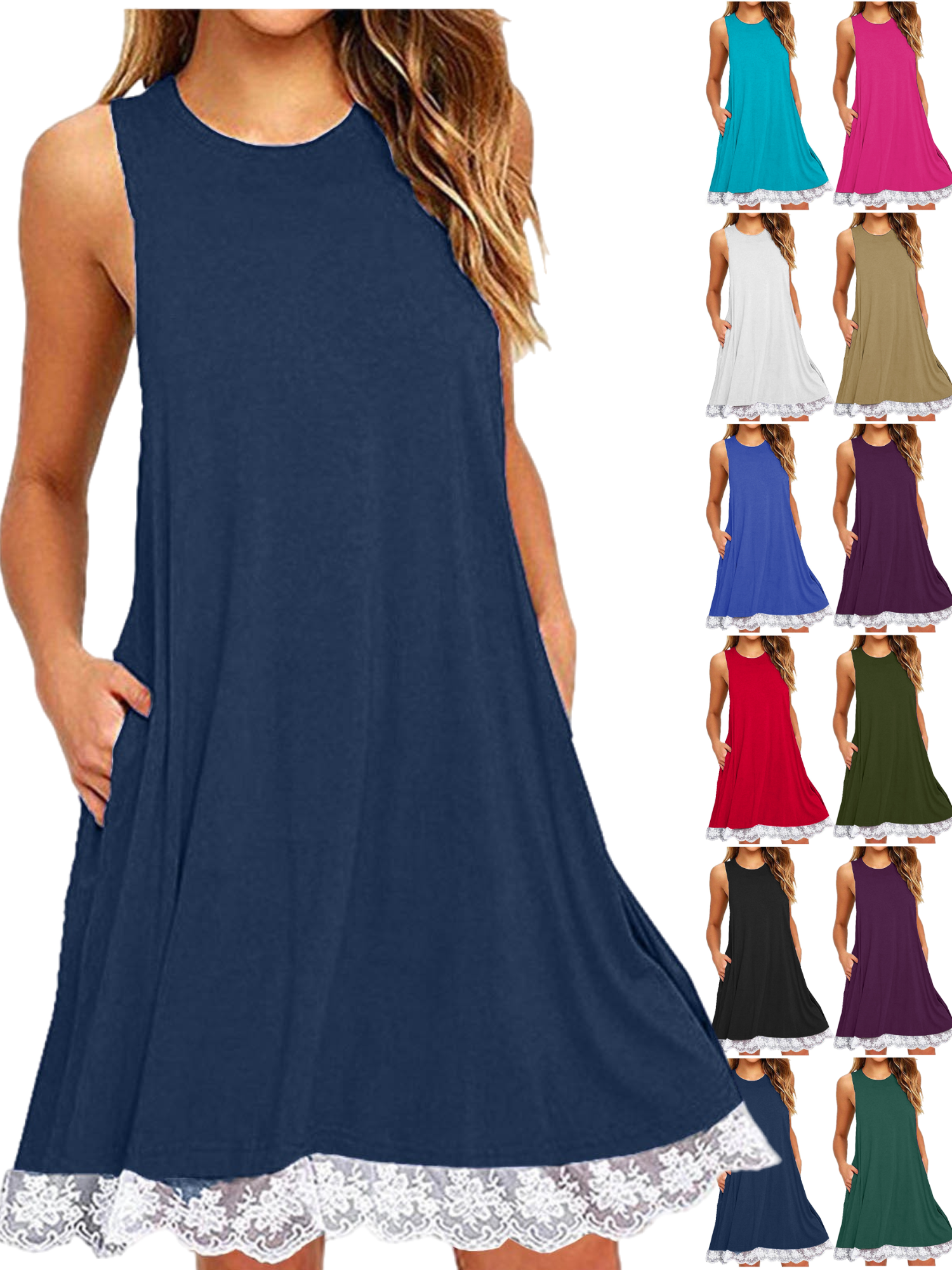 Sun Dresses for Women Vacation Casual Sleeveless Summer Dresses Crew Neck Loose Midi Sundress Boho Fashion Beach Dresses with Pockets