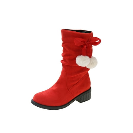 

SIMANLAN Womens Slouch Bootie Fuzzy Hairball Fashion Boot Block Riding Boots Casual Lightweight Booties Work Pull On Winter Shoes Red 7