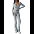 thumbnail image 3 of Conjunto Deportivo de 2 Piezas para Mujer, Camiseta de Larga, Pantalones Acampanados con Solapa, Chándal Informal, Gris, Talla S, 3 of 8