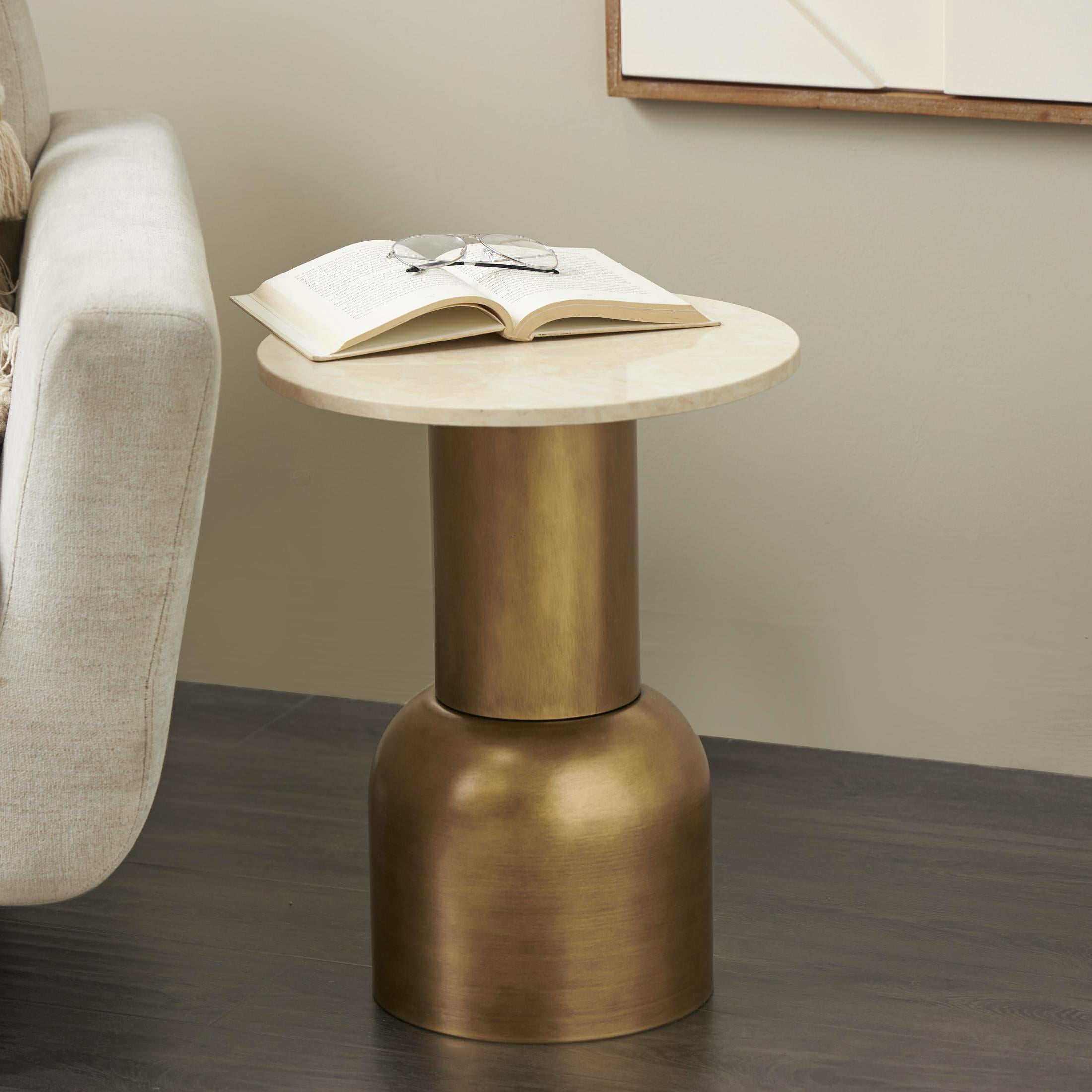 DecMode 16" x 20" Gold Metal Pedestal Accent Table with Cream Marble Tabletop, 1-Piece