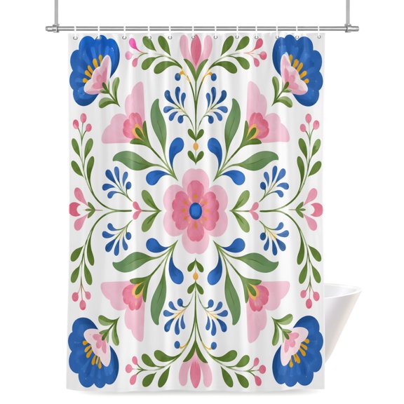 Bohemian Flowers Shower Curtain 36" x 72", Country Tribal Abstract Pink Blue Floral Green Leaf Waterproof Bathroom Curtain Hotel Luxury Washable Shower Curtain Set with 12 Hooks