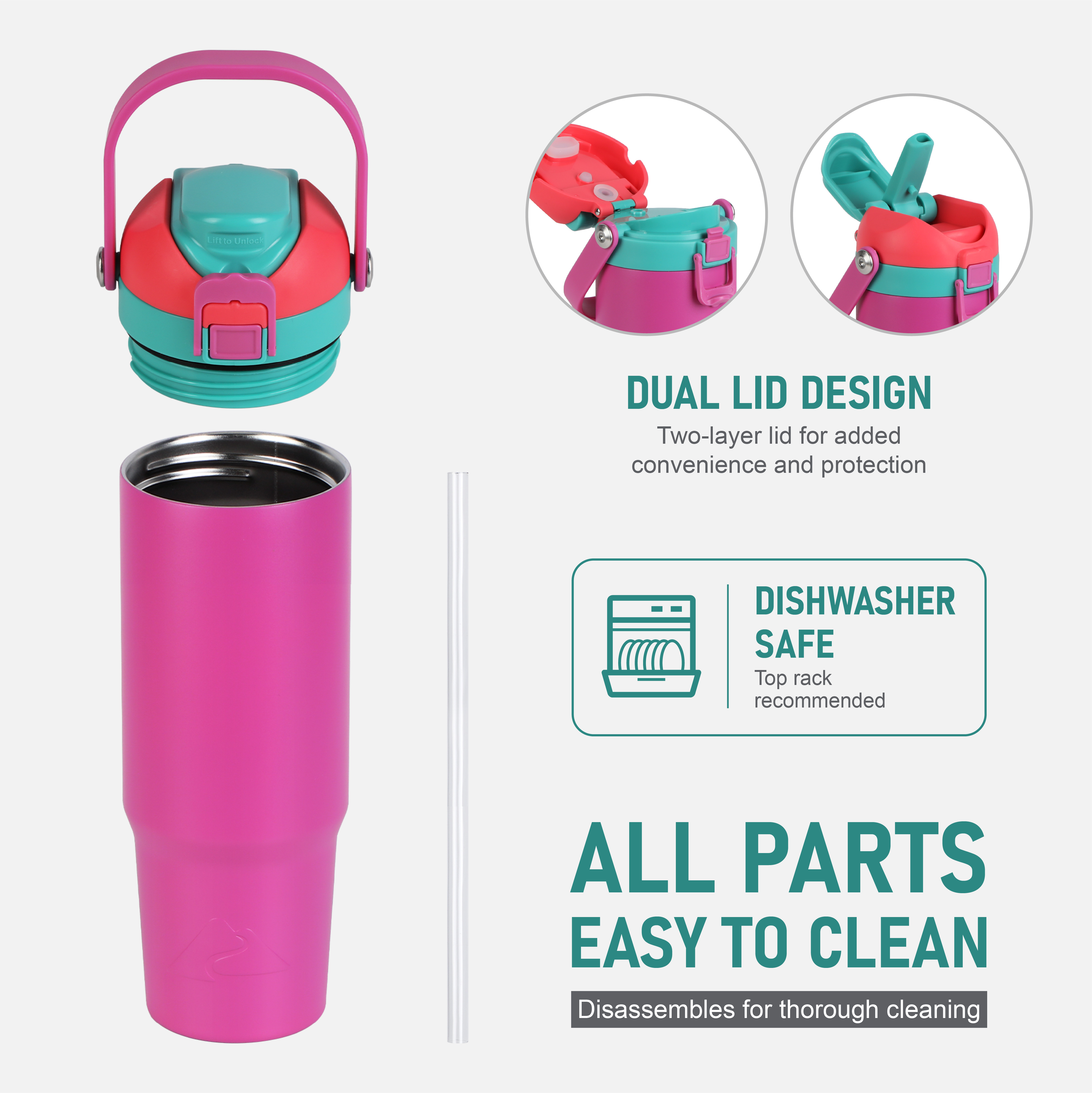 Vaso térmico de acero inoxidable de 30 oz con doble tapa, color rosa 5