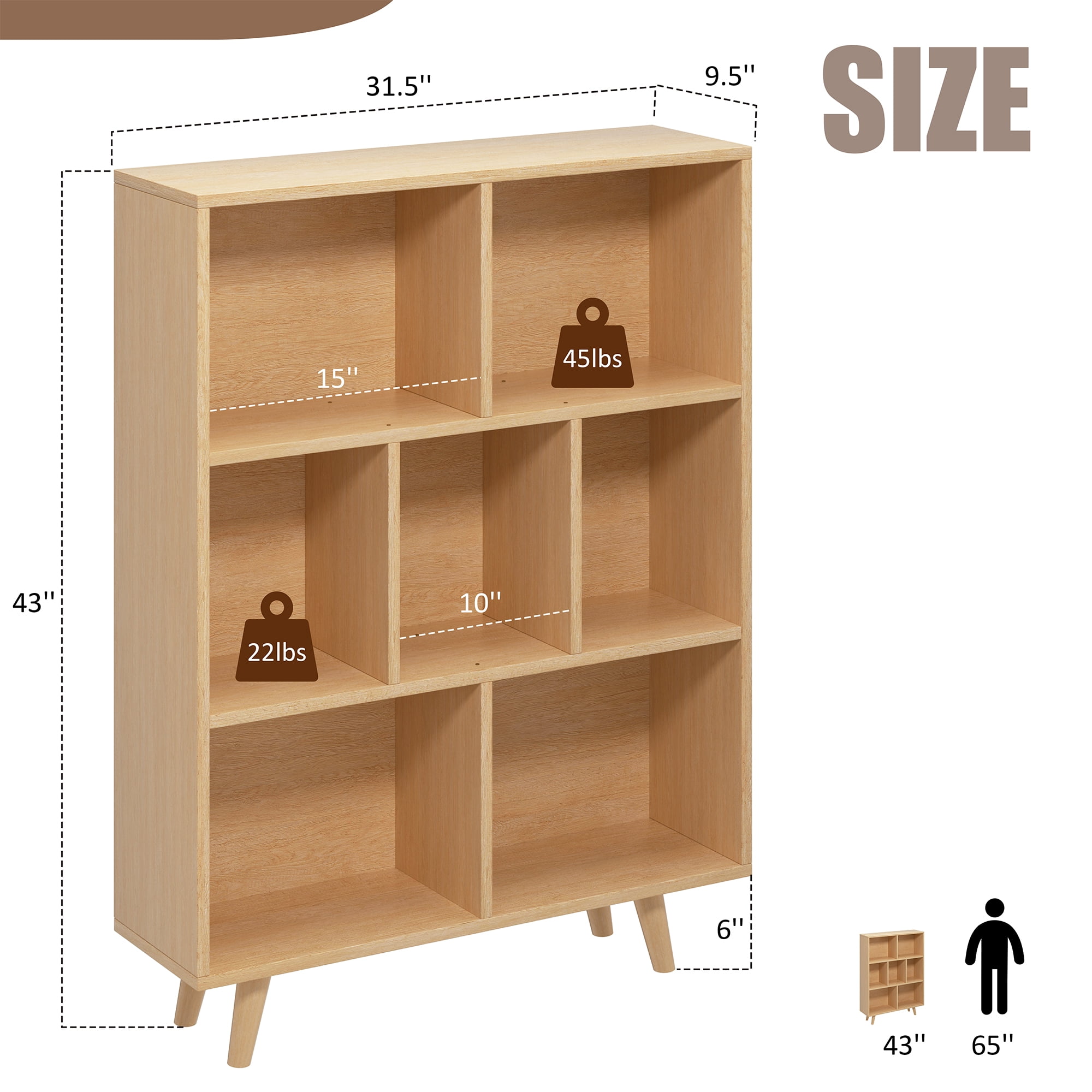 Walsunny Cube Bookcases Bookshelves 7 Cube Organizers with Legs 43" Tall Wooden Open Storage Display Bookshelf for Living Room Bedroom Office Natural Wood Color
