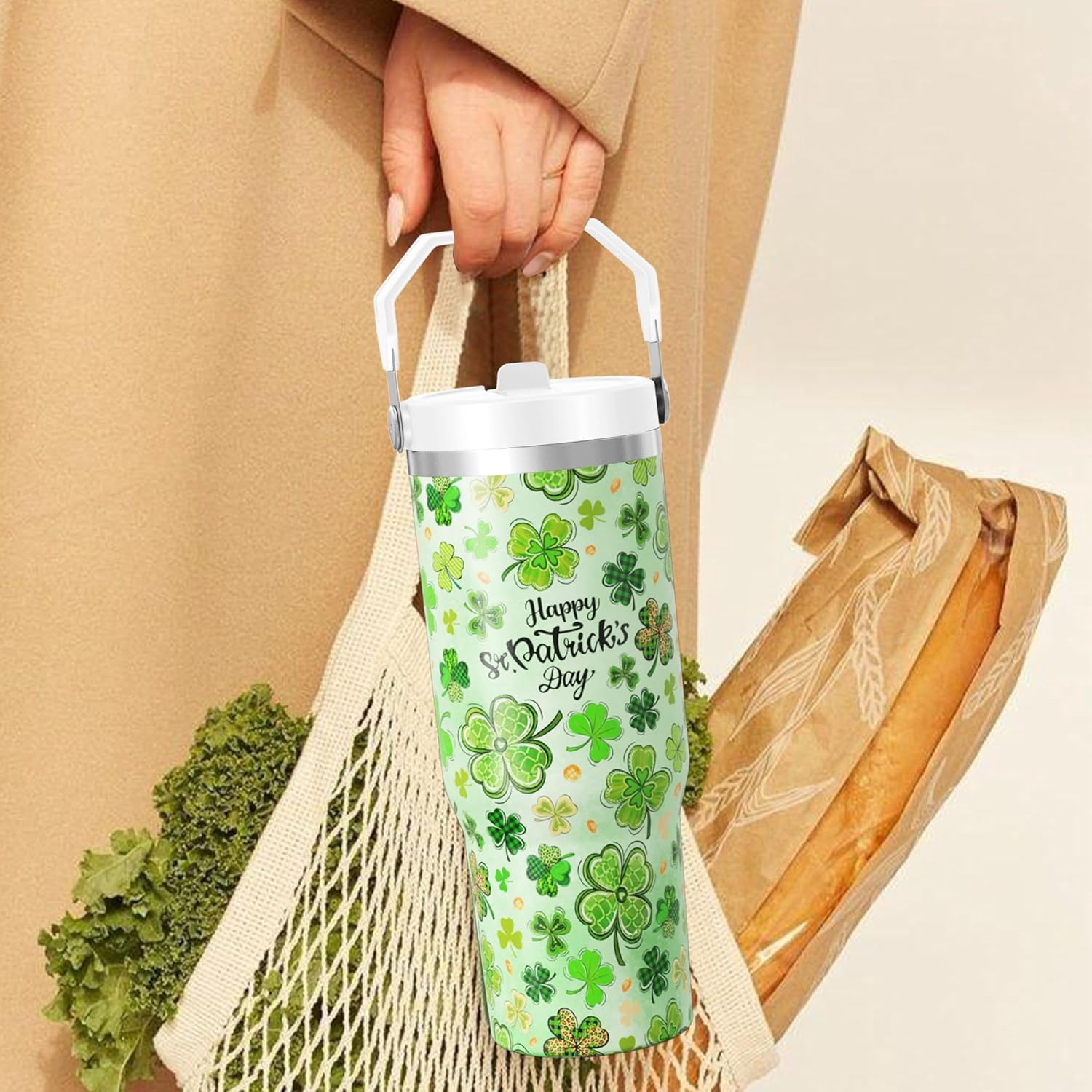 30 oz St. Patricks Day Tumbler with Straw Handle, Happy St. Patricks Day Shamrock Gifts for Women Men, Stainless Steel Insulated Water Bottle Coffee Cups for Home Office Travel