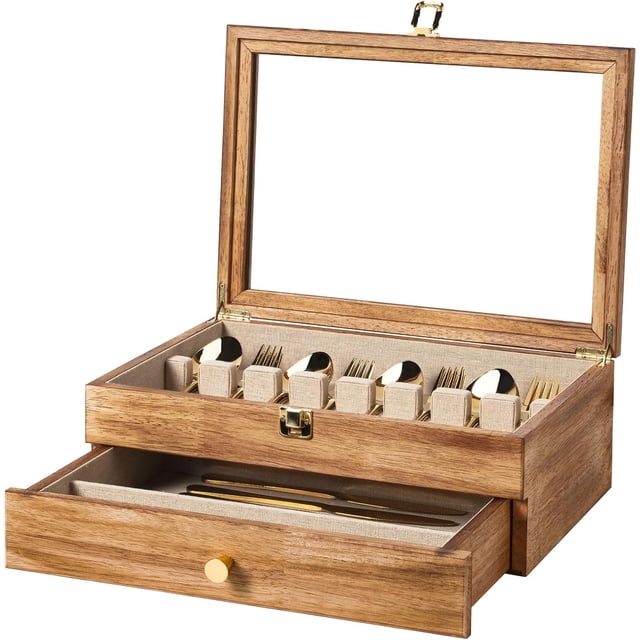 Fine Silverware Box with Glass Lid -Layer Wooden Silverware Chest with Drawer .脳. Luxury Style Decor Flatware Storage Case for Home&Restaurant Idea (Walnut)