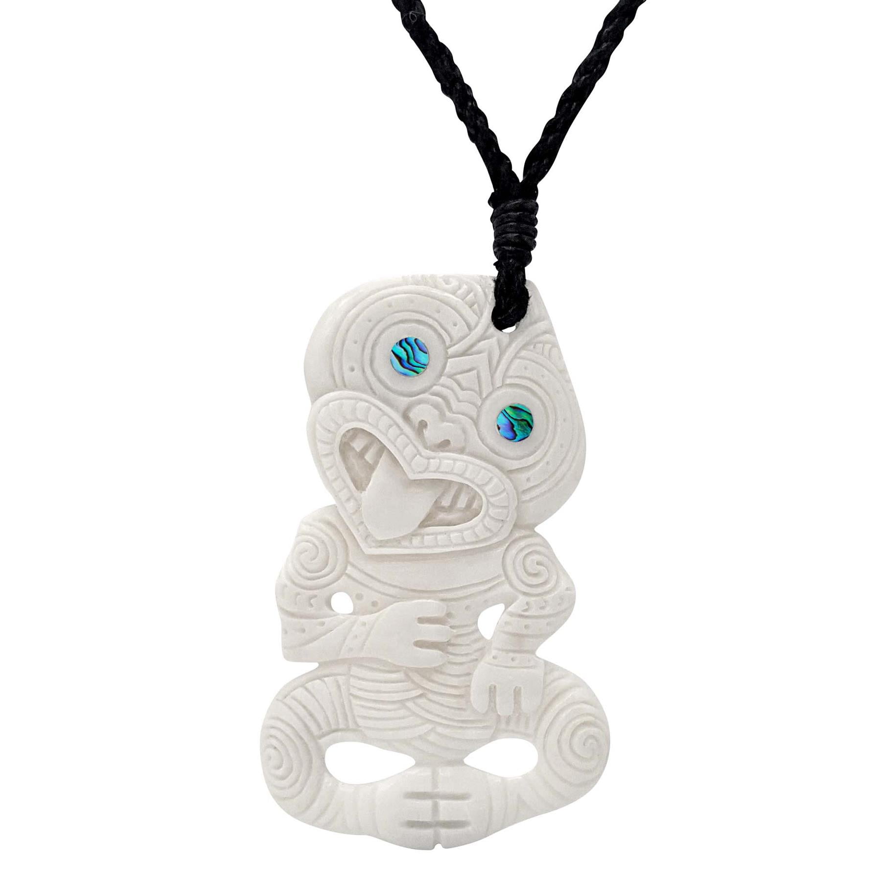 81stgeneration Women's Men's Hand Carved Bone Engraved Small Maori HEI Tiki Cord Pendant Necklace, adult Unisex, White