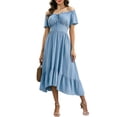 thumbnail image 2 of ClodeEU Women's Off Shoulder Puff Short Sleeve Waist Tie Irregular Midi Dress,Casual Summer Swing Dress Light Blue,Women's Plus M, 2 of 7