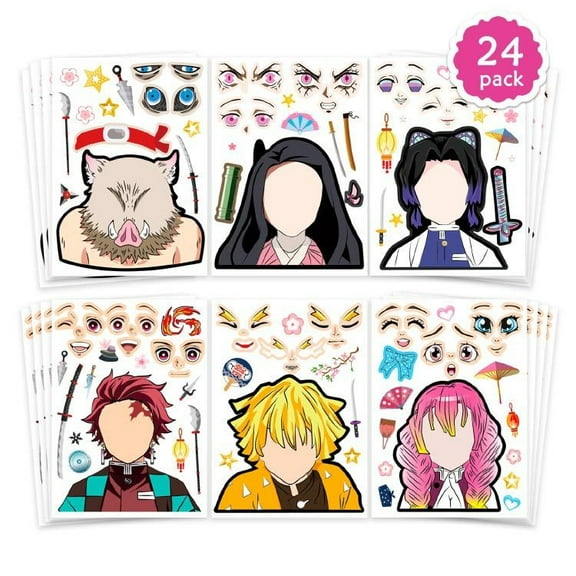 Face Stickers 24 Sheets –Demon Slayer 6 unique cartoon kids stickers set, cute and fun story toy anime stickers, party gifts for birthdays, special events