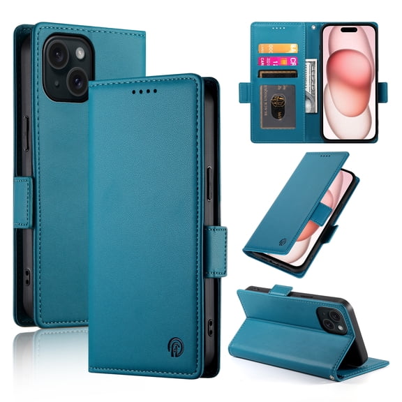 Allytechgroup for Apple iPhone 16 Plus Case Wallet, Retro PU Leather Slim Fit Business Style Magnetic Closure Cards Slots RFID Blocking Phone Case for Women Men, Blue