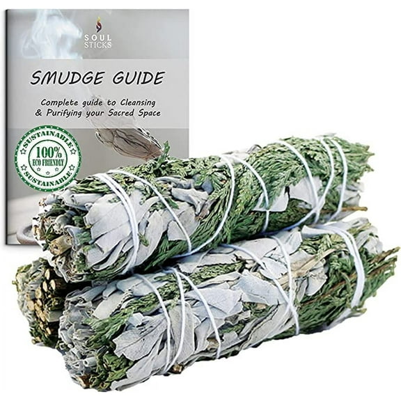 3 Pack Mixed White Sage and Cedar Leaves Smudge Sticks | Grown in California Smudge Bundles with Herbs Smudge Guide Included
