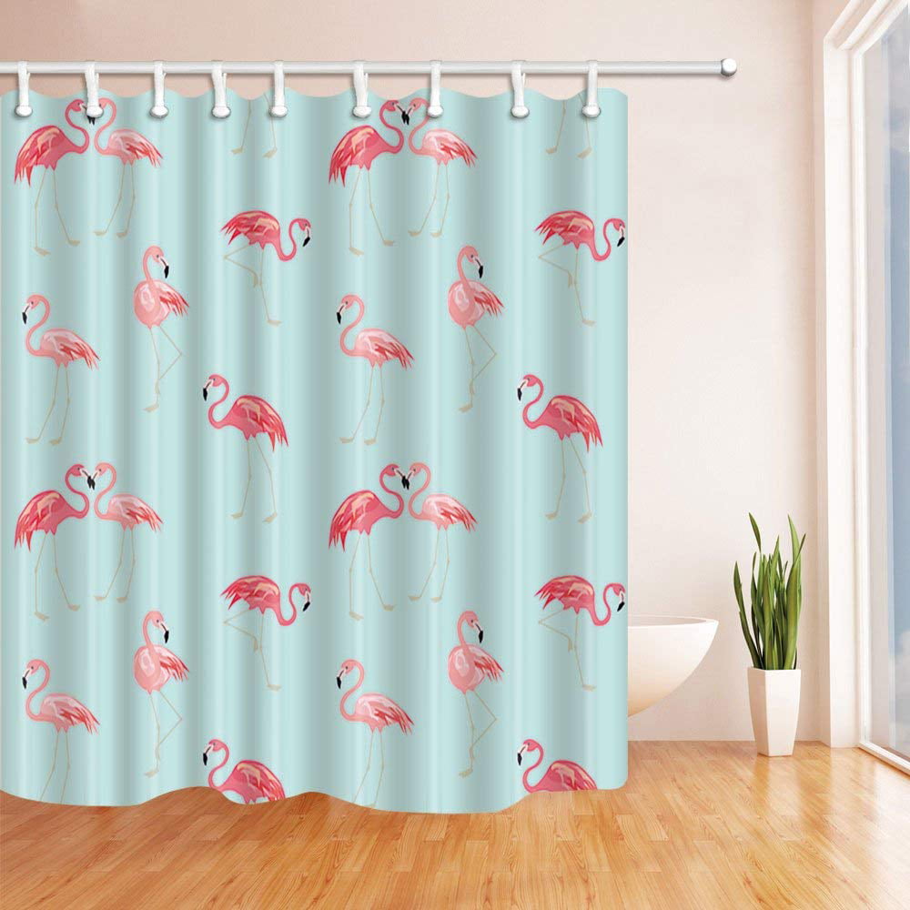Pink Flamingo Cacti and Succulent Plants Shower Curtain Fabric Bathroom 71inches 