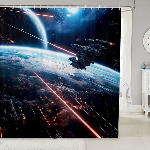 Manfei Cosmic Spaceships Shower Curtain 72Wx72L,Celestial Planet Bathroom Curtain,Blue Orange Black