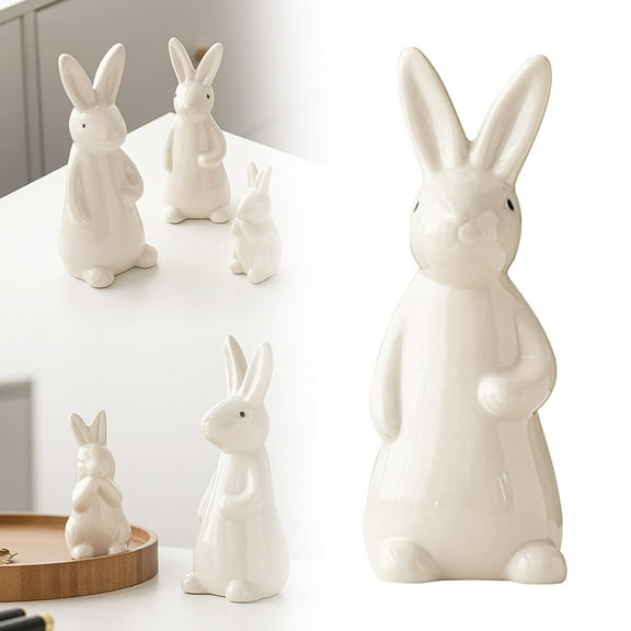 Large White Ceramic Bunny Ornament Handcrafted Cute Home Decor for Easter Spring and Everyday, Farmhouse Tabletop Figurine Mantel Shelf Decor, 18.3x7cm