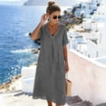 thumbnail image 6 of Feancey Womens Cotton Linen Maxi Dress Solid Color V Neck Short Sleeve Loose Casual Dresses Lightweight Breathable Beach Dress with Pockets for Summer Gray XXL, 6 of 10