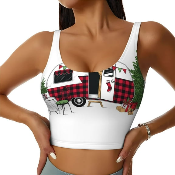 Naloa Vintage Buffalo Plaid Christmas Camper Sports Bras for Women, High Support Bra with Removable Pads, Comfortable - Small