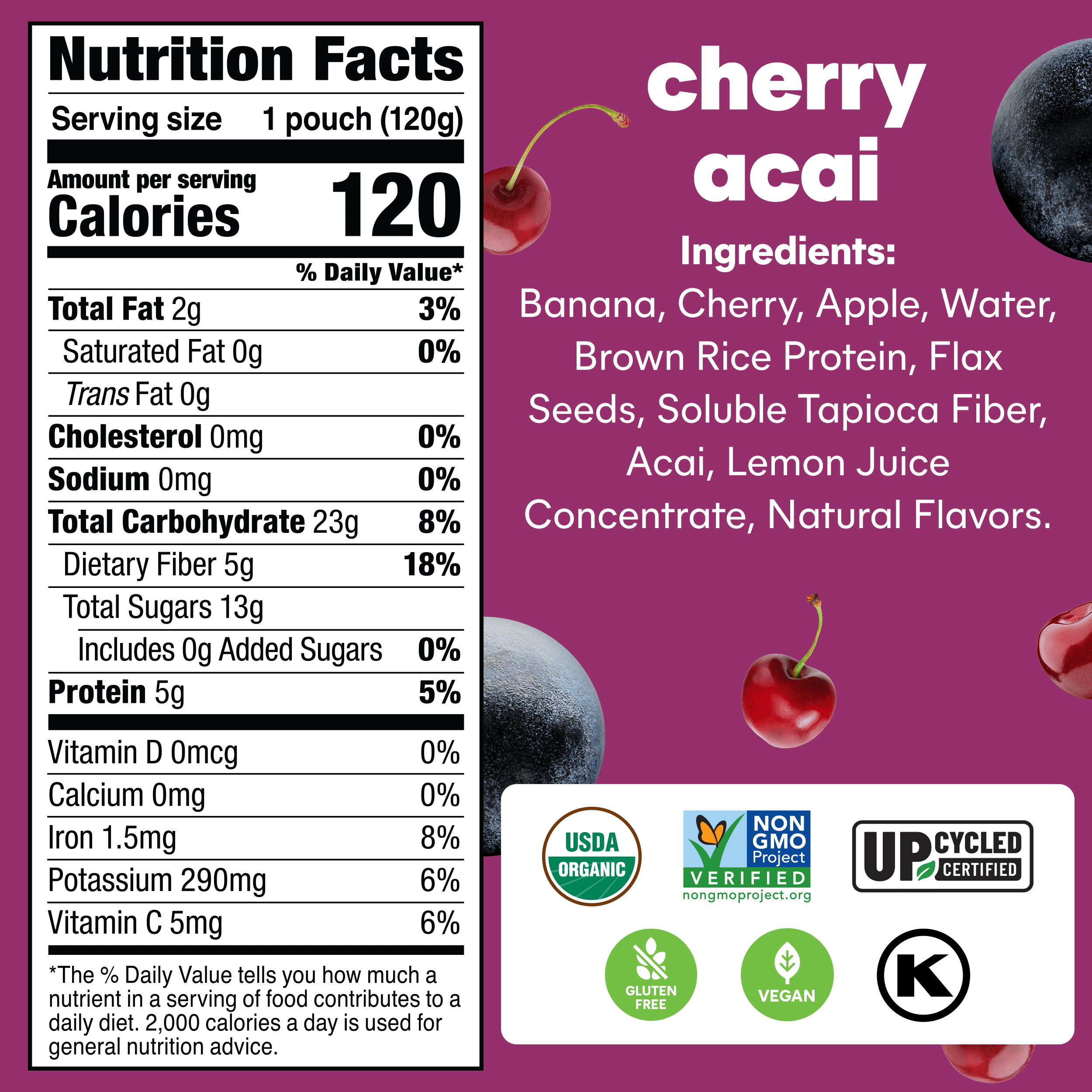 Noka Organic Cherry Acai Smoothie, 4.22 oz Fruit Pouches, 4 Count Smoothie Drinks