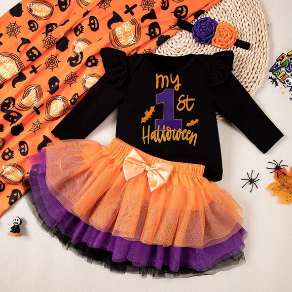 NinXxx Flutter Sleeve Party Dress with Bow Halloween Baby Girl Outfit Orange 6-9 Months