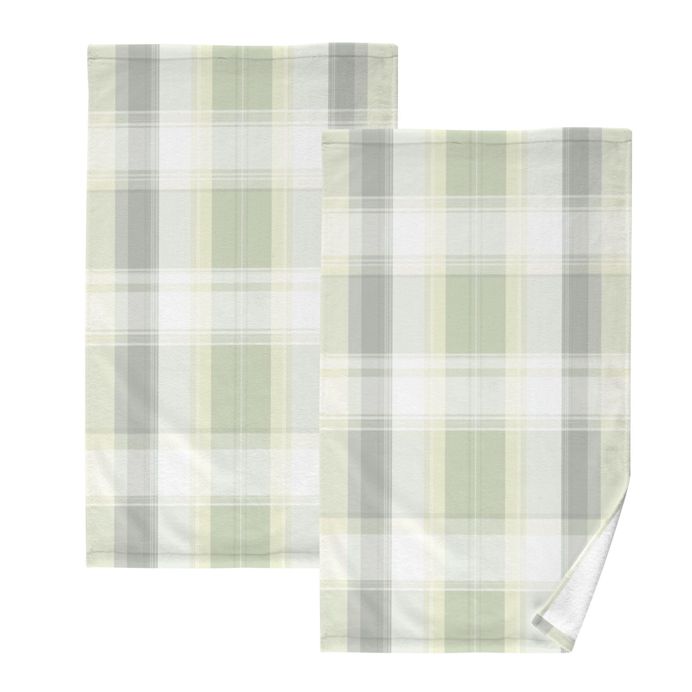 2 Pcs Absorbent Face Towel Bath Hand Towels Soft Breathable Cotton Towel Set for Bathroom Kitchen Hotel Spa Decor Light Gray and Green Plaid