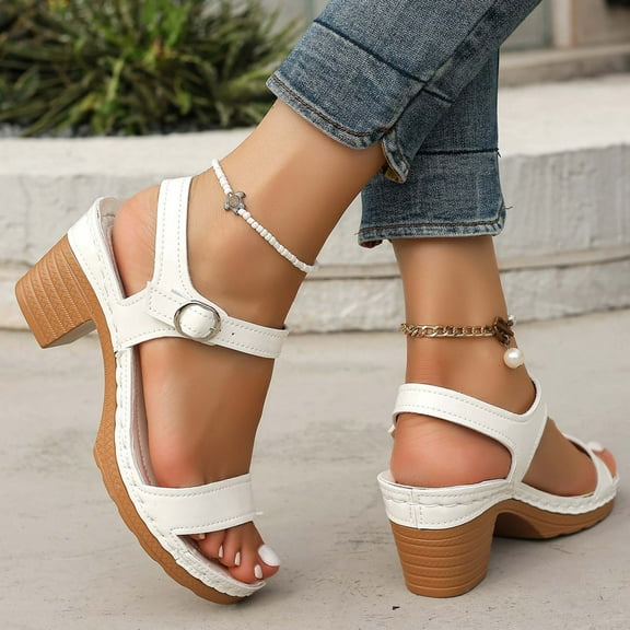 PiGOGI Women's Thick Heel Sandals - Sequin One-Strap Summer Shoes - Casual Comfortable Leather Dress Sandals for Women White