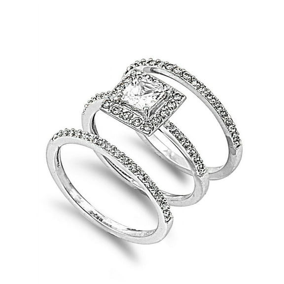 Princess Cut Center with Round Stones Cubic Zirconia Wedding Set Ring Sterling Silver 925
