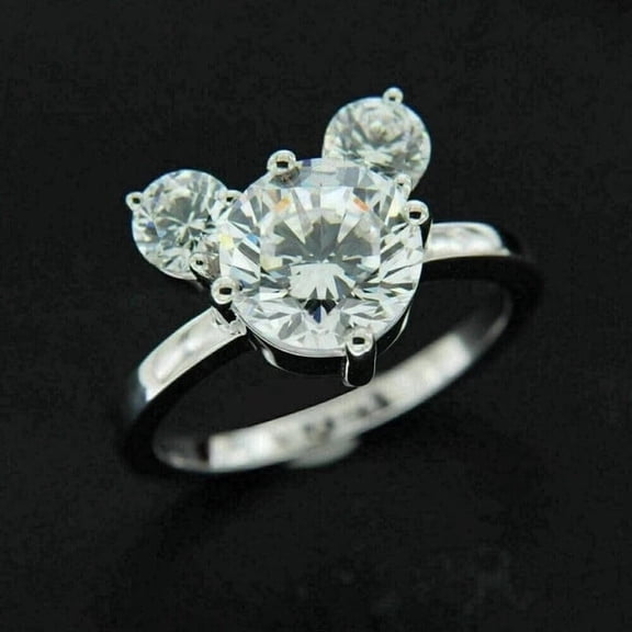 3CT Lab Created Diamond Round Cut Fancy Micky Mouse Ring 14K White Gold Plated