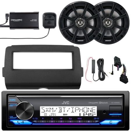 JVC KD-X38MBS Single DIN Marine Bluetooth USB/AUX AM/FM SiriusXM Ready Stereo Receiver w/Install Kit, 2x 6.5" 120W Max Speakers, Amplifier Booster Kit, Satellite Vehicle Tuner Kit, Handlebar Controls