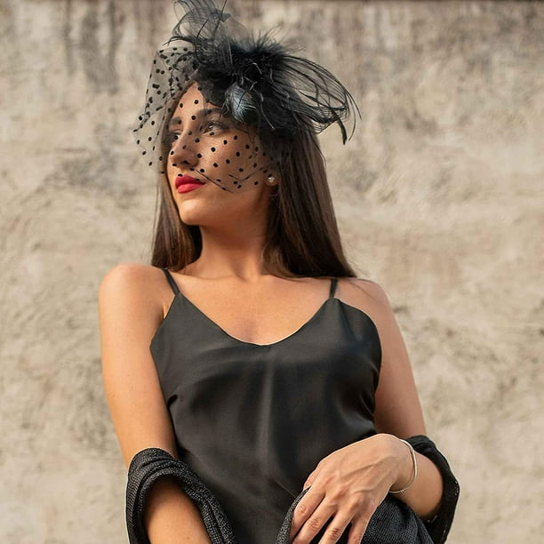 YOLAI Tocado de malla para mujer, con diseño de flores, para fiesta de té, boda, tocado con clip para la diadema, Negro