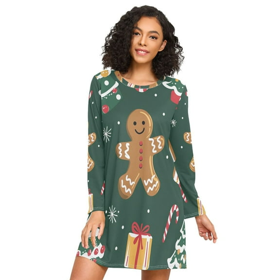 FORMRS Womens Long Sleeve Nightgowns Crew Neck Sleep Shirt Soft Pajamas Sizes S-3XL, Green Christmas Gingerbread