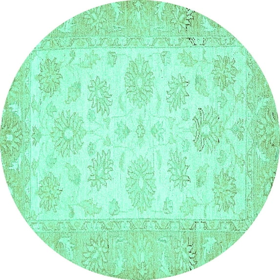 Ahgly Company Machine Washable Indoor Round Oriental Turquoise Blue Traditional Area Rugs, 8' Round