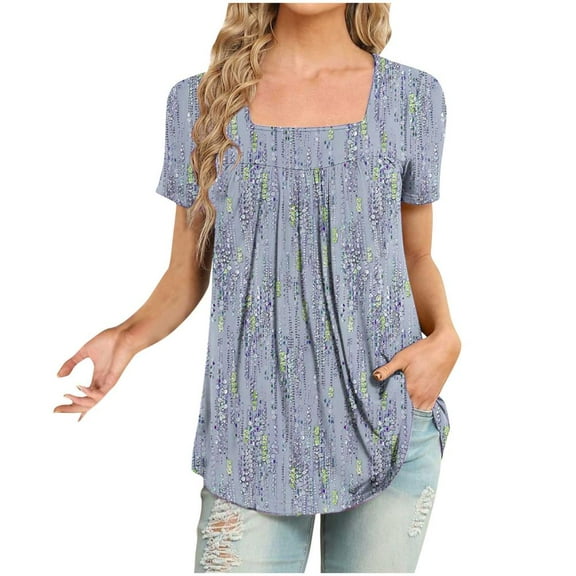 VERUGU Women's Casual Short Sleeve Tunic Top Pleated Square Neck Flowing Hem Shirts Summer Trendy Floral Print Loose Comfy Blouse for Leggings Blue 5XL