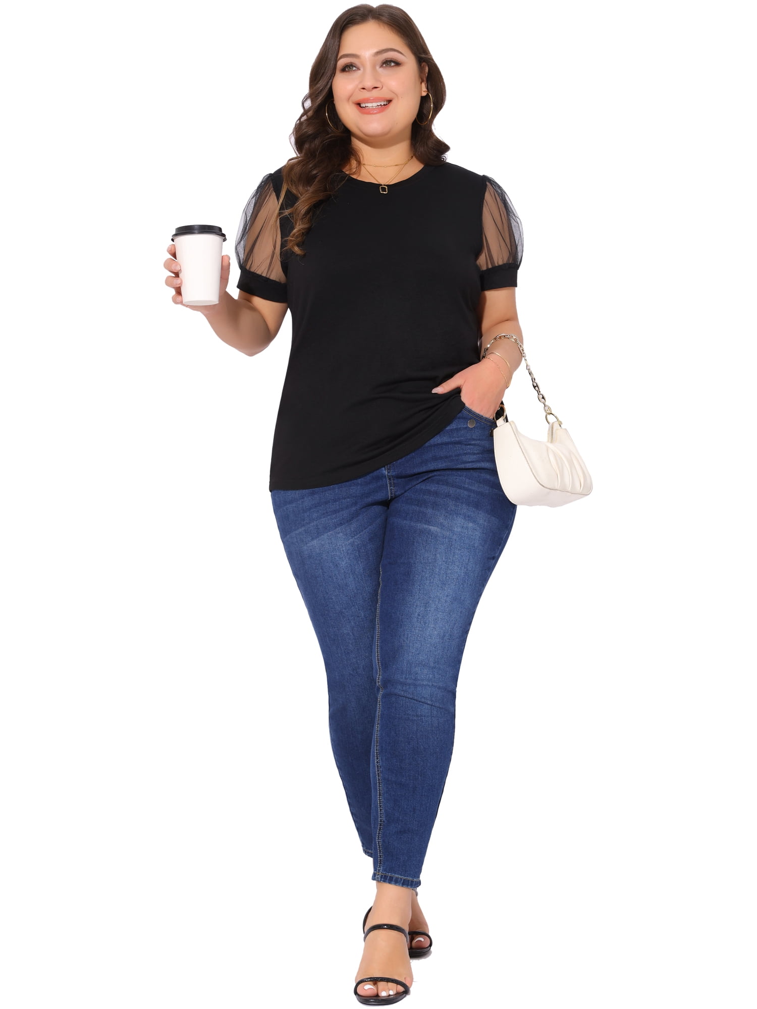 DARING DIVA Women's Plus Casual Crew Neck Mesh T Shirt Blouse Tops 2X Black