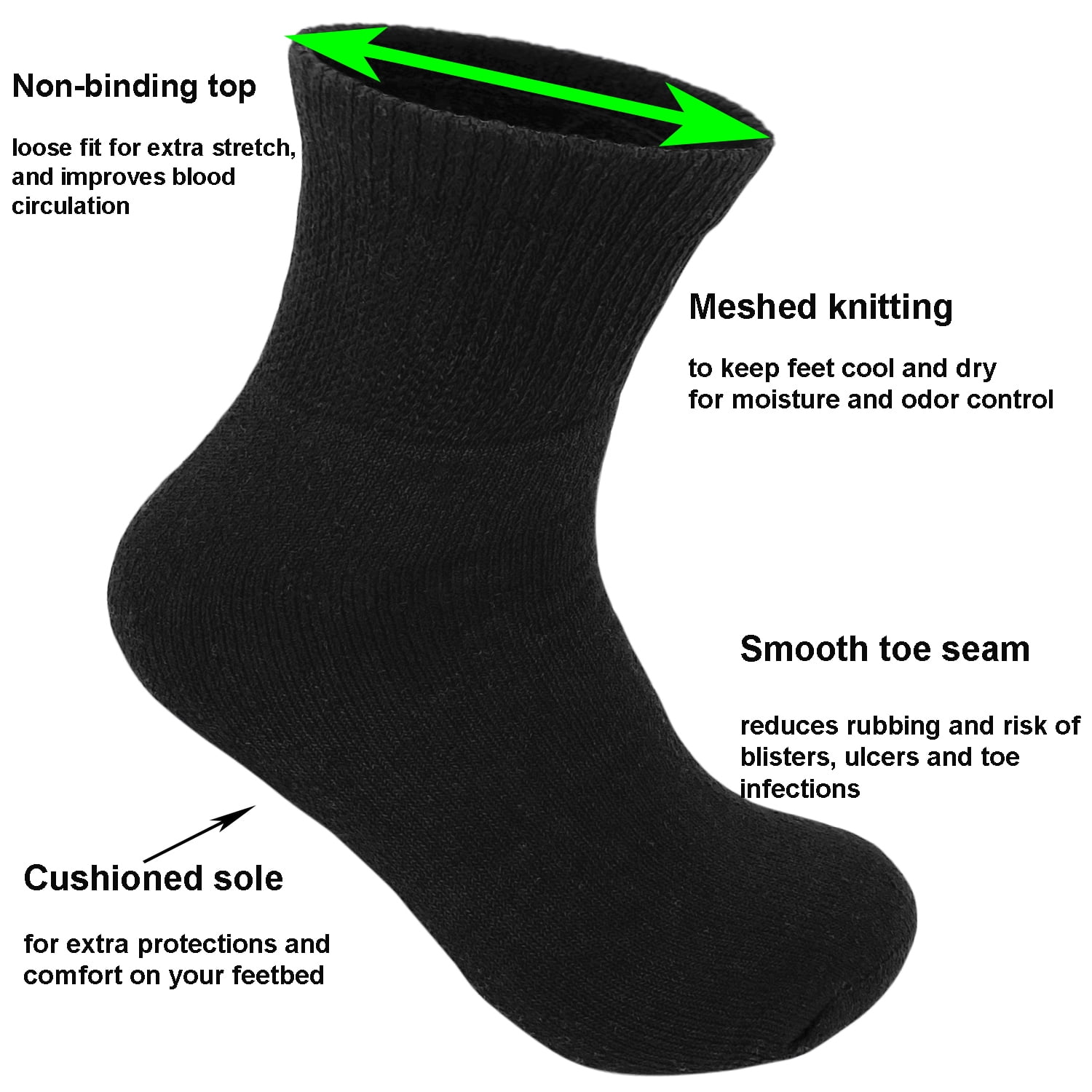 Glory Max 3 Pairs Men's Women's Diabetic Circulatory Ankle Quarter Black Cotton Socks Size 13-15
