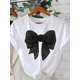 thumbnail image 1 of Elegant White Cotton T-Shirt for Women with Black Bow Print - Casual Round Neck, Short Sleeve, Loose Fit, Machine Washable Summer Party Apparel | Decorative Bow Design, 1 of 7