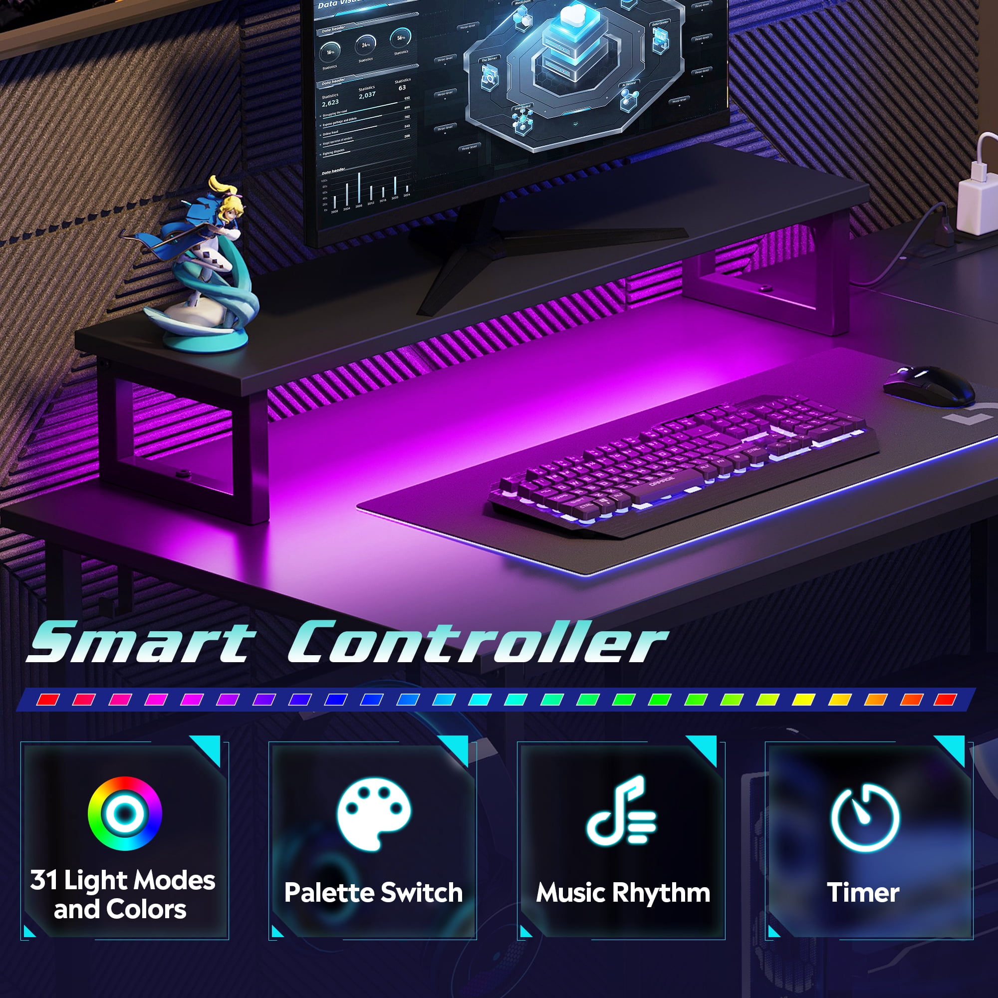GALAXHERO 43 Inch L Shaped Gaming Desk with LED Lights & Power Outlets, Corner Desk for Small Spaces, Sturdy PC Computer Table with Storage for Home Office, Black