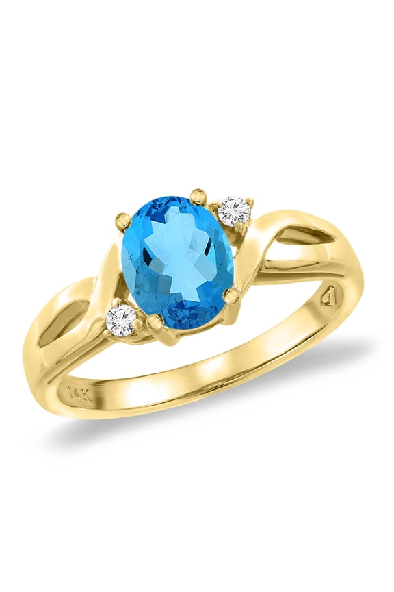 14K Yellow Gold Diamond Natural Swiss Blue Topaz Engagement Ring Oval 8x6 mm, size 6.5