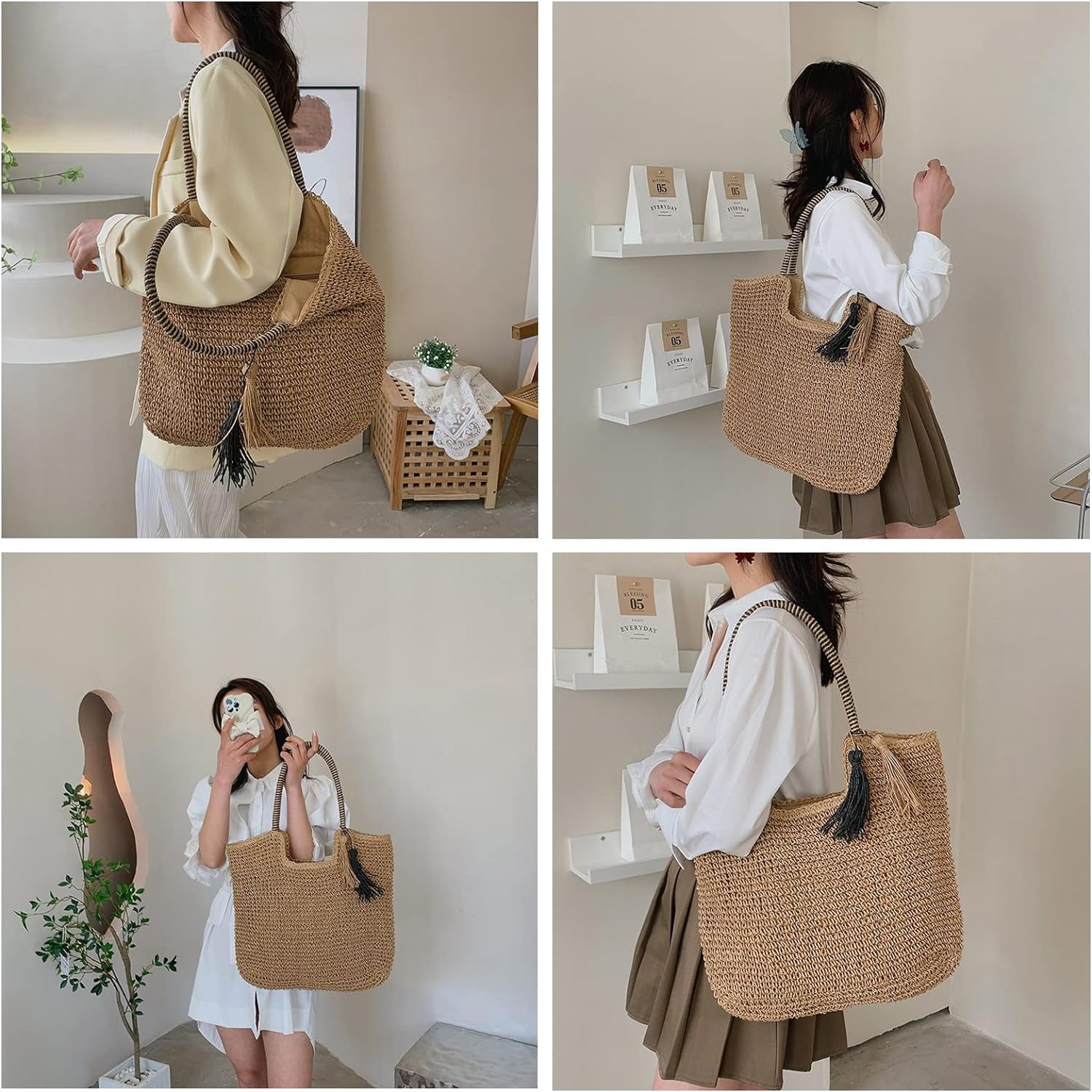 Kukuzhu Straw Beach Bag, Summer Woven Tote Bag with Tassels Large Shoulder Handbag Straw Purses and Handbags for Women